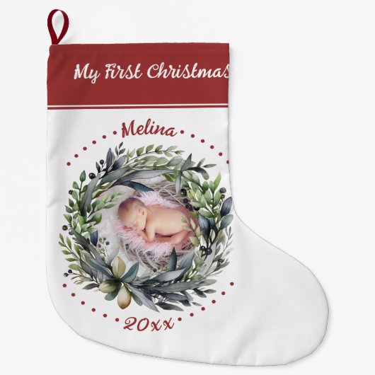 ラブリーリースベビーの初めてのクリスマス写真 ラージクリスマスストッキング (正面)