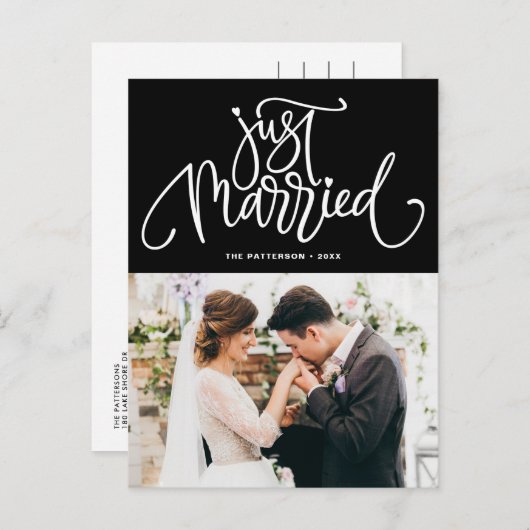 ラブリーレタリングブラックたった今結婚しましたフォト結婚ズ 案内ポストカード (正面/裏面)