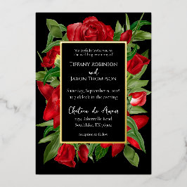 ラブリーレッドフローラブーケ実在ー 箔招待状