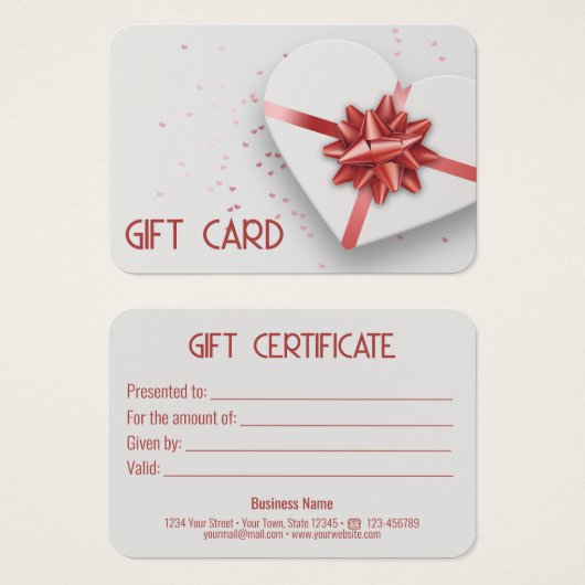 ラブリーレッドボウホワイトハートギフトボックスギフトカード (正面&裏面)