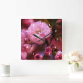 ラブリー春ピンクさくらんぼの花 スクエア壁時計 (ホーム)