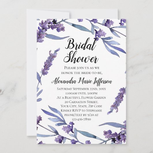 ラブリー薄紫ウォーター色エレガントブライダルシャワー 招待状 (正面)