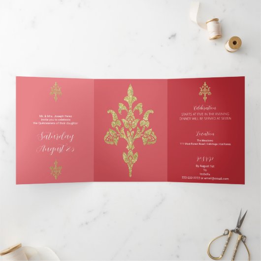 ラブリー金ゴールドグリッターキンセアニェラ 三つ折り招待状 (内部)