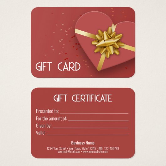 ラブリー金ゴールドボウ赤いハートギフトボックスギフトカード (正面&裏面)
