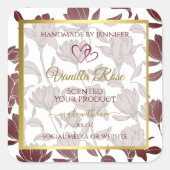 ラブリー金ゴールドマルーン色フローラ製品ラベル スクエアシール (正面)