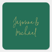 ラブリー シックなカリグラフィー カップル名 緑と金 スクエアシール (正面)