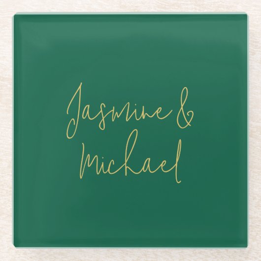 ラブリー シック カリグラフィー カップル ネーム 緑 & ゴールド ガラスコースター (正面)