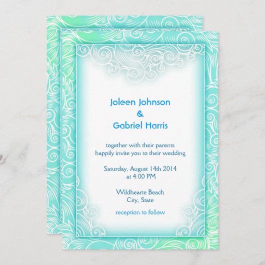 ラブリー シーフォームアクア ミント ホワイト ビーチ ウェディング 招待状 (正面/裏面)