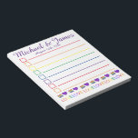 ラブレインボー結婚のケーキハート ノートパッド<br><div class="desc">リストスタイルの食料品ショッピングノートパッドデザインは、レインボーのケーキスライスと紫のハートのオリジナルマーカーイラストレーションを備え結婚、レインボーのフォントにLOVEを備えかわいらしている。お気に入りのために結婚あなたの情報でパーソナライズユニークしなさい。この店から図解入りの、写真付きの追加のノートパッドも多く販売されている。このデザインは他の製品でも利用可能である。あなたは何を探しているか分からない？カスタマイ救済ズが必要な場合連絡お前のために何かデザインを持って。</div>