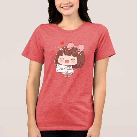 ラブレターを持つかわいい女の子 トライブレンドTシャツ (正面)
