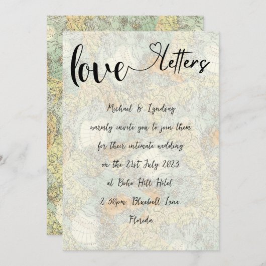 ラブレターヴィンテージマップボホチャームマイクロ結婚ズ 招待状 (正面/裏面)
