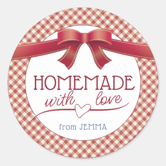 ラブレッドボウとギンガムを備えた編集可能な自家製 ラウンドシール (正面)