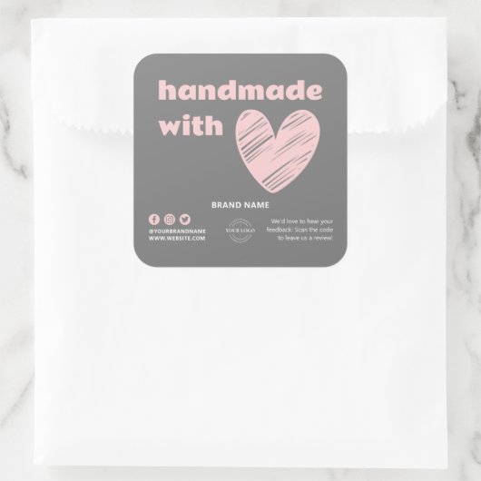 ラブロゴ付き手作りハートグレーピンクボックスシール スクエアシール (バッグ)