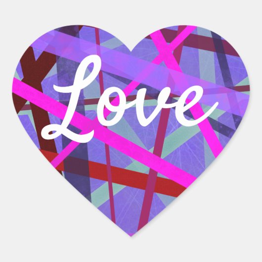 ラブ文字ハートシェイプピンク&パープルラインパターン ハートシール (正面)