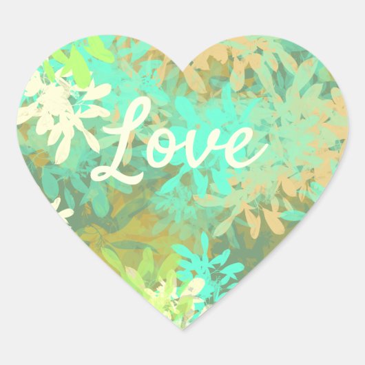 ラブ文字ハートシェイプ緑の葉パターン ハートシール (正面)