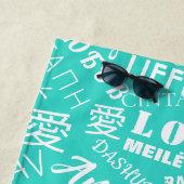 ラブ文字ビーチタオル数々の言語ターコイズ ビーチタオル (インサイチュ)