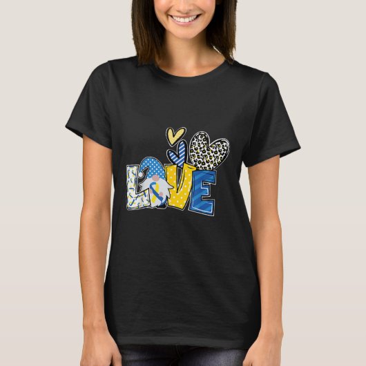 ラブ格言ブルーイエローリボンダウン症候群アウェア Tシャツ (正面)