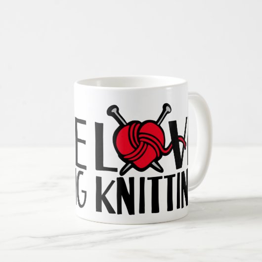 ラブ編み物グラフィック赤いウールマグ コーヒーマグカップ (正面右)