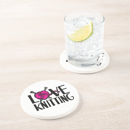 ラブ編み物ピンクウールと編み物針 コースター (側面)
