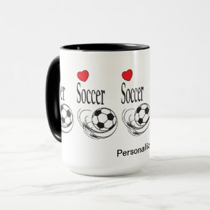 ラブ赤いハート⚽サッカーボール – パーソナライズ マグカップ
