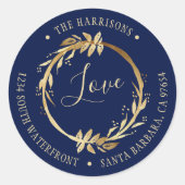 ラブ金ゴールドリースネイビーブルーファミリー差出人住所 ラウンドシール (正面)