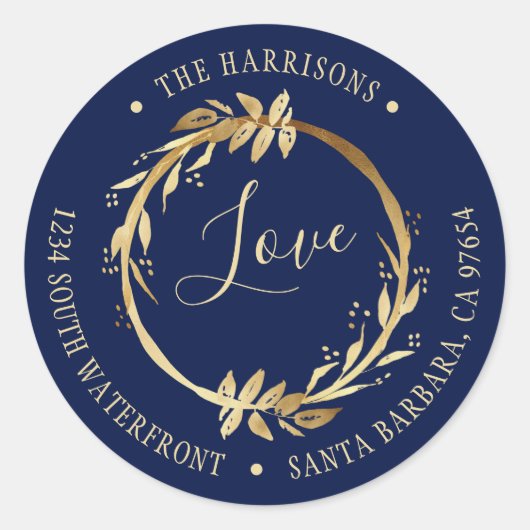 ラブ金ゴールドリースネイビーブルーファミリー差出人住所 ラウンドシール (正面)