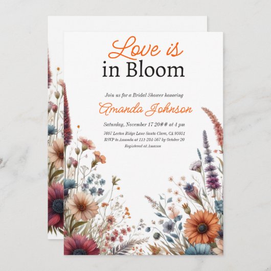 ラブ開花ワイルドフラワーオレンジフローラブライダルシャワー 招待状 (正面/裏面)