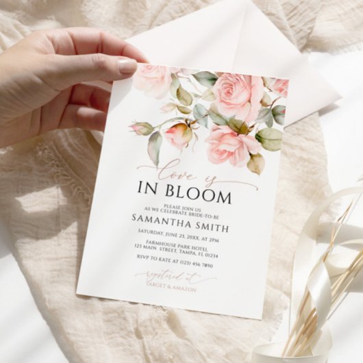 ラブ イズ イン ブルーム ピンク ローズ & グリーン ブライダル シャワー 招待状