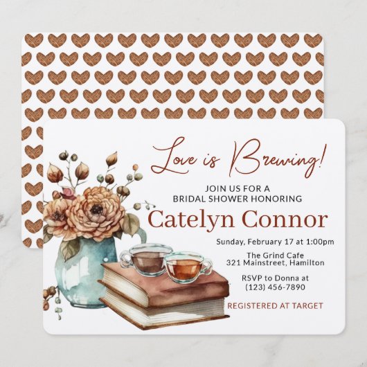 ラブ イズ ブリューピング コーヒーカップと本 ブライダルシャワー 招待状 (正面/裏面)