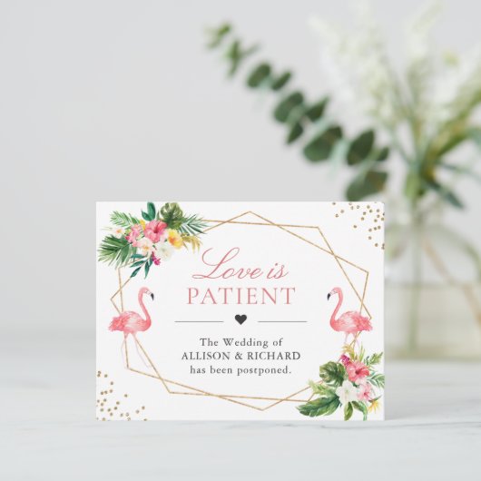 ラブ イズ ペイシャント トロピカル フラミンゴ ウェディング ニュース デート ポストカード (スタンド正面)