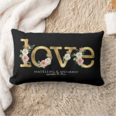 ラブ ウェディング ウォーターカラー フローラル ブラック ゴールド ネームズ ランバークッション (ブランケット)