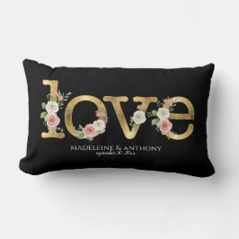 ラブ ウェディング ウォーターカラー フローラル ブラック ゴールド ネームズ ランバークッション