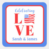 ラブ ウォーターカラー アメリカ国旗 名前 ブライダル スクエアシール (正面)