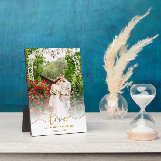 ラブ エレガント ゴールド スクリプト Mr. & Mrs. 結婚写真 フォトプラーク (側面)