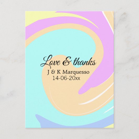 ラブ＆サンキュー カラフル マーブル ウェディング ネーム ポストカード (正面)