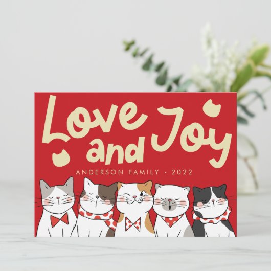 ラブ&ジョイ モダン ユニーク かわいい 猫たちのクリスマスソング シーズンカード (スタンド正面)