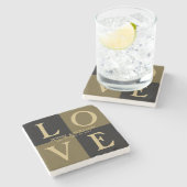 ラブ スクエア ブラック＆ゴールド ウェディング デート ストーンコースター (横)