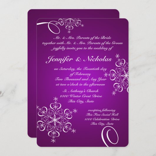 ラブ・スノーフレーク ウィンターウェディング パープル 招待状 (正面/裏面)