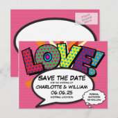 ラブ セーブ・ザ・デート ファン レトロ コミック ブック ポップ アート 案内ポストカード (正面/裏面)