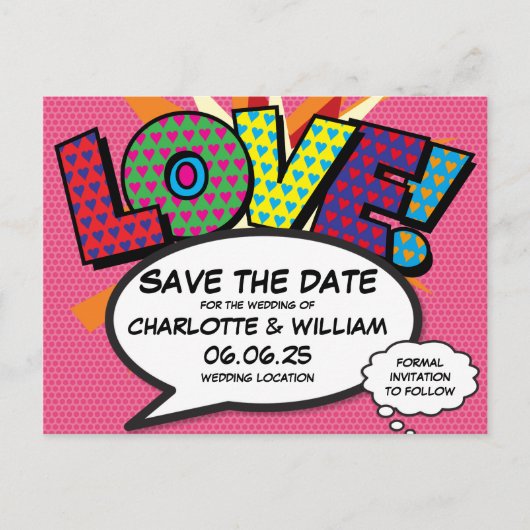 ラブ セーブ・ザ・デート ファン レトロ コミック ブック ポップ アート 案内ポストカード (正面)