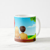 ラブ・タイトルのベンチに座るカップル コーヒーマグカップ (正面右)