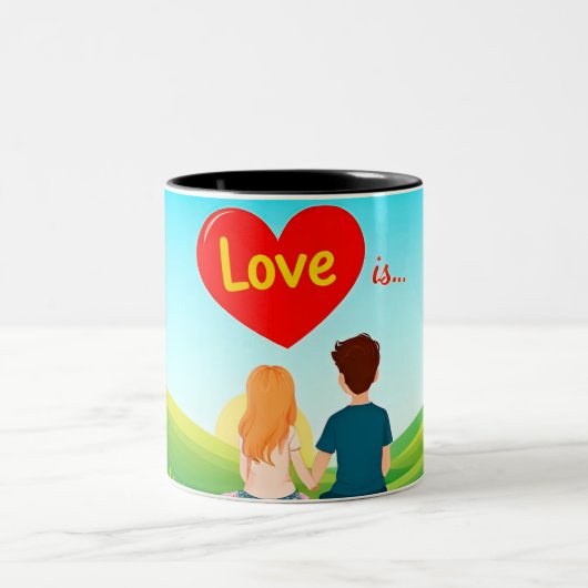 ラブ・タイトルのベンチに座るカップル ツートーンマグカップ (中央)