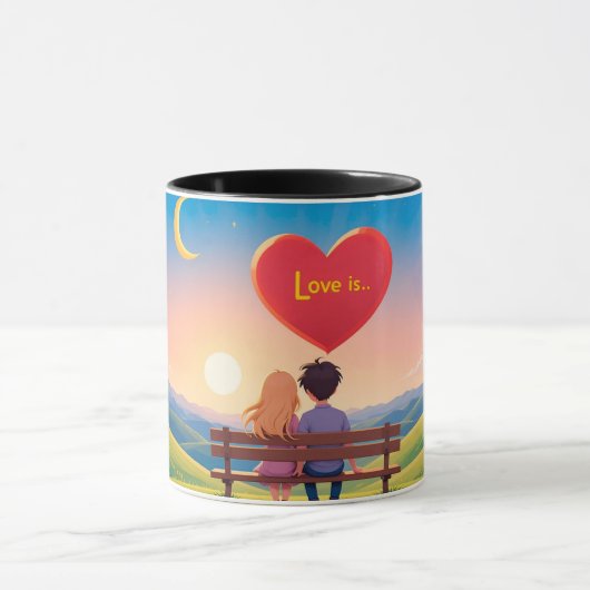 ラブ・タイトルのベンチに座るカップル マグカップ (中央)