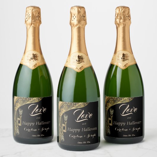 ラブ&ハッピーハローウィンエレガント金ゴールド&スカル スパークリングワインラベル (ボトル)