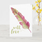 ラブ - ピンクとグリーンの羽根のグリーティングカード カード (黄色い花)