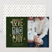 ラブ ピース アンド ジョイ ゴールドとシルバーのホリデー カード (正面/裏面)