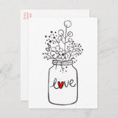 ラブ フローラル メイソンジャー 赤いハート ウェディング パーティー インビテーションポストカード (正面/裏面)