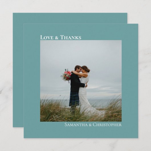 ラブ&ミニマ感謝していリストティール（緑がかった色）の結婚フォトスクエア サンキューカード (正面/裏面)