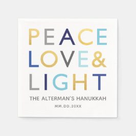 ラブ&ライトタイポグラフィハヌッカホリデイ金ゴールドブルー スタンダードカクテルナプキン