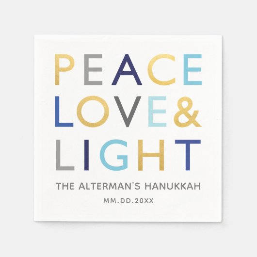 ラブ&ライトタイポグラフィハヌッカホリデイ金ゴールドブルー スタンダードカクテルナプキン (正面)